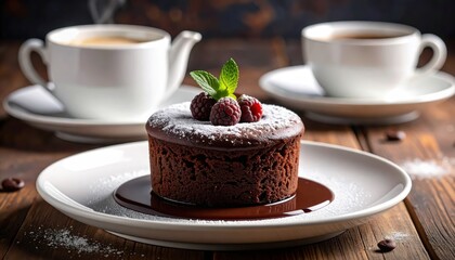 Delicious chocolate lava cake decorated with powdered sugar, fresh raspberries, and mint leaves, served alongside two cups of steaming coffee on a wooden table creating an appetizing and pleasant...