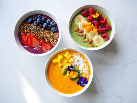Overhead Vibrant Smoothie Bowls &ndash; Wellness Food Photography