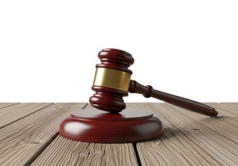 Wooden judge gavel on a wooden table isolated on white background, symbolizing law, justice, and legal proceedings
