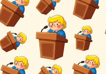 Seamless pattern with a cute girl giving a speech from a wooden podium, perfect for backgrounds, textiles, and designs
