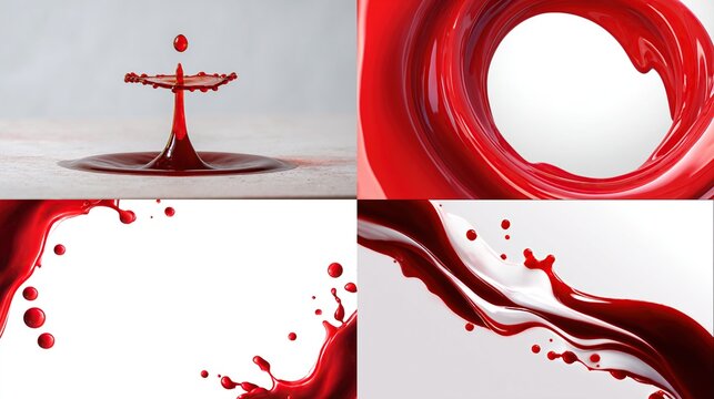 Four images display red liquid formations; a droplet impact, a flowing swirl, and two splash compositions