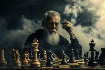 Elderly man engaged in a strategic game of chess against a moody backdrop