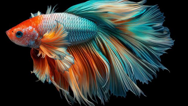 Colorful betta fish with flowing fins in vibrant turquoise and orange gradient swim gracefully in tropical aquarium showcasing delicate scales and elegant aquatic movement against black background