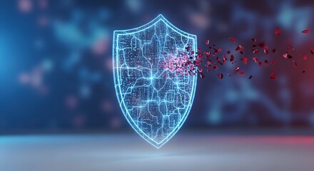 Cybersecurity shield breaking apart representing a data breach or system vulnerability.