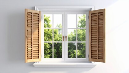 Fototapeta premium Open window with wooden shutters revealing a vibrant view of lush, green foliage against a bright white wall, portraying a serene and refreshing outdoor ambiance, natural light enhances the interior.