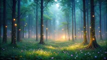 Enchanted Forest Path  Mystical Glow Illuminates a Dreamlike Woodland Scene with Blossoming Meadow