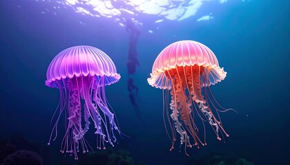 Two vibrant jellyfish, one purple and one orange, gracefully swim in the deep blue ocean, illuminated by ethereal light from above.