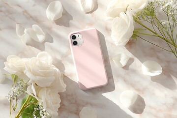 Elegant pink phone case with white roses and petals on a marble surface in soft, natural light makes a beautiful modern aesthetic