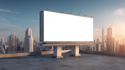 Fototapeta premium Blank billboard advertising space prominently displayed on a rooftop overlooking a modern cityscape at sunset with warm sunlight illuminating the buildings