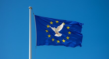 European union flag with dove symbol against a clear blue sky