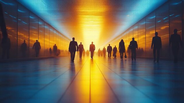 The Collective's Forward March: Silhouetted figures stride purposefully down a futuristic, light-filled corridor, symbolizing progress and the collaborative journey towards an unknown destination.