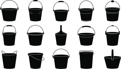 Set of fifteen black bucket silhouettes with varied shapes, handles, and spouts for design, utility, and icon use
