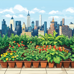 Fototapeta premium Urban Rooftop Garden with Various Plants in Pots