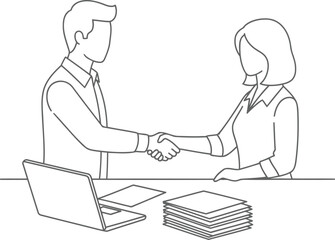 A line drawing of a man and a woman in business attire shaking hands over a desk with a laptop and documents.