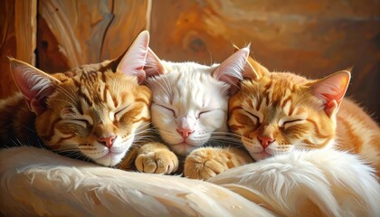 Three adorable domestic cats are peacefully sleeping together, nestled closely, their eyes closed, and soft fur visible in a warm, sunny indoor setting, exhibiting feelings of contentment and...
