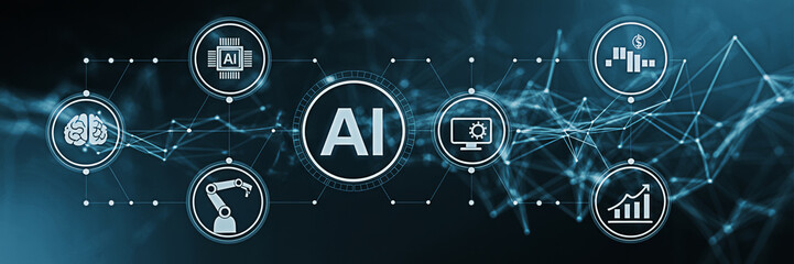 Obraz premium Artificial intelligence network connecting brain computer robot and data icons on dark blue background