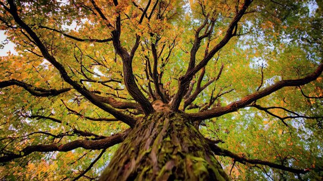 Golden autumn crown spreads overhead, leaves glowing against the sky as the camera gazes upward&mdash;an immersive seasonal moment that brings warmth, nostalgia, and outdoor calm to travel, wellness, and ec