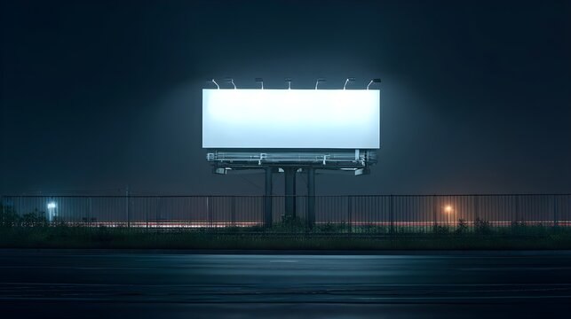 Bright illuminated advertising billboard at night with reflections on wet ground showcasing blank screen for advertisement copy space - Powered by Adobe