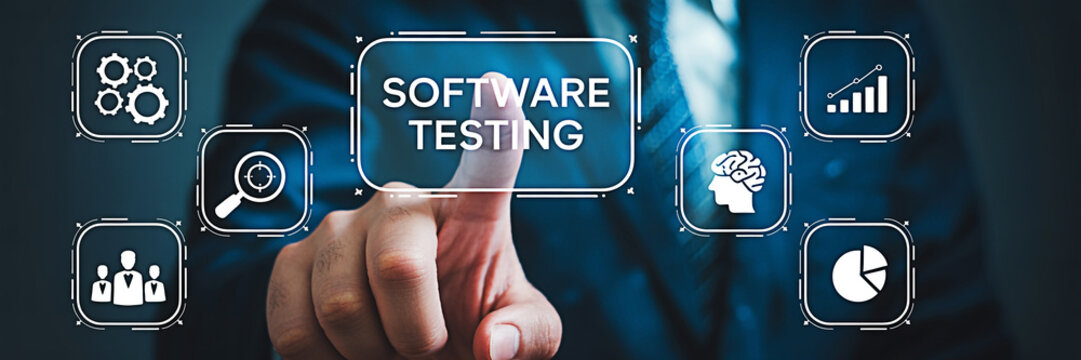Software testing concept with a hand touching the screen and icons representing the process flow - Powered by Adobe