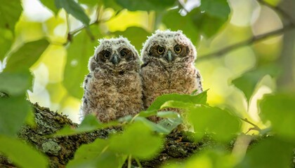 Two fluffy owlets perch on a branch amongst vibrant green leaves, showcasing a moment of wildlife in a natural outdoor setting, with soft, blurred backgrounds and natural light creating a tranquil...