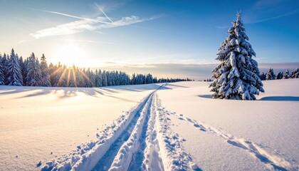 Majestic winter landscape features a snow-covered field, a tall evergreen tree, and distinct ski tracks under a clear, vibrant blue sky with the setting sun casting warm light.
