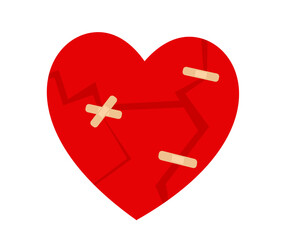 Cracked red heart covered with multiple bandages, a symbolic representation of heart wounds and healing, flat art design style.
