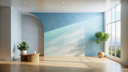 Serene Minimalist Interior Design Featuring Light Blue Walls, Wooden Flooring, and Potted Plants in Sunlight