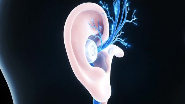 Close-up of the human ear's inner workings, illustrating the intricate neural pathways of hearing and sound perception