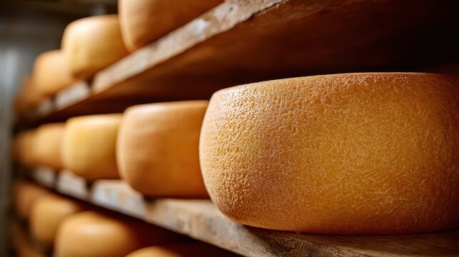 Aged Cheese Wheels on Wooden Shelves in a Rustic Cheese Cellar