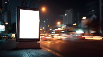 Illuminated digital billboard glowing brightly at night showcasing vibrant advertising space on a busy city street with blurred motion lights.