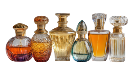 High-end perfume bottles in different shapes and sizes background isolated on a Transparent background, PNG file.