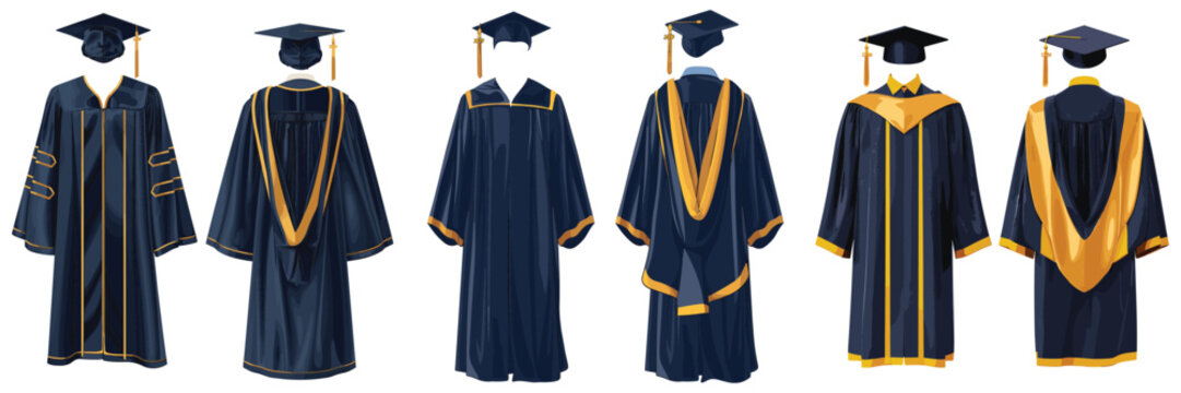 Vector illustration set of graduation gowns and caps isolated