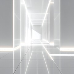 Obraz premium Bright, minimalist white corridor with glowing lines and reflective floor