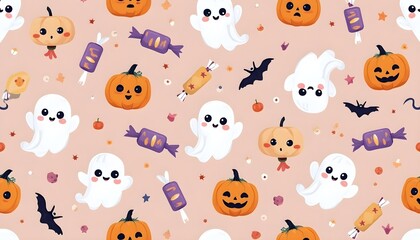 Fototapeta premium Cute Halloween seamless pattern with kawaii ghosts, candies, stars, and pumpkins, pastel color palette.