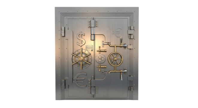 A large, imposing bank vault door with intricate locking mechanisms, isolated on transparent background, suggesting security and financial strength