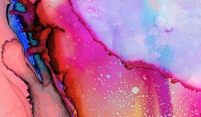 Abstract watercolor paint splash with colorful ink texture and pink drops on paper 