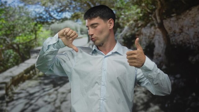 Man gives thumbs up with one hand and thumbs down with the other while standing in a forest; ambivalence.