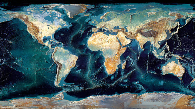 A stunning relief map of the world illustrating the Earths detailed land topography and the intricate bathymetry of the ocean floor,