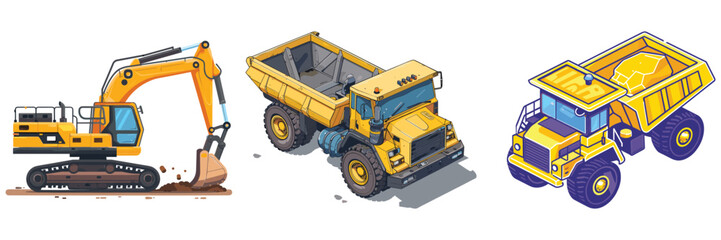 Isometric vector illustration of construction vehicles set