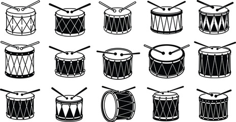 Snare drum silhouette vector illustration set with drumsticks, percussion instrument icons, music design collection for band, concert, and festival graphics.