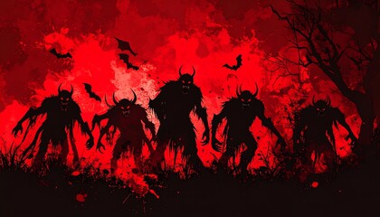Dark demonic figures in a blood-red forest