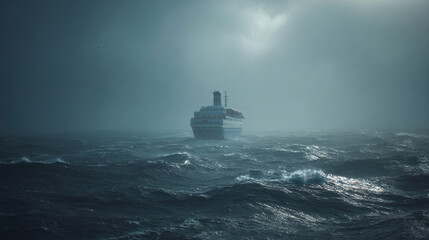 A majestic passenger ship sails through a tempestuous ocean navigating rough waves under a foreboding stormy sky shrouded in mist