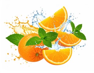 Orange slices and whole fruit with mint and water splashing