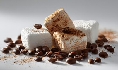 marshmallows and coffee beans are isolated on a white background