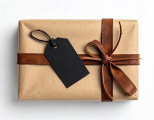 Gift wrapped in paper, tied with leather, & blank tag