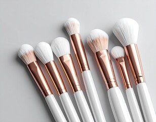 Assorted makeup brushes; white handles, rose gold ferrule