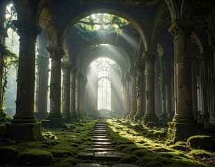 Mossy corridor; light streams through aged gothic arches