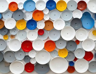 Circular dishes mounted on a wall create a colorful pattern