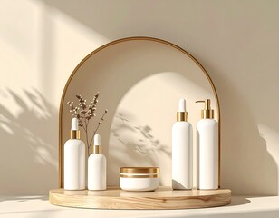 White skincare set on wood platform, arched gold frame