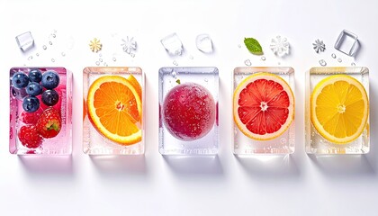 Frozen fruit array cubes of ice contain citrus, berry, plum